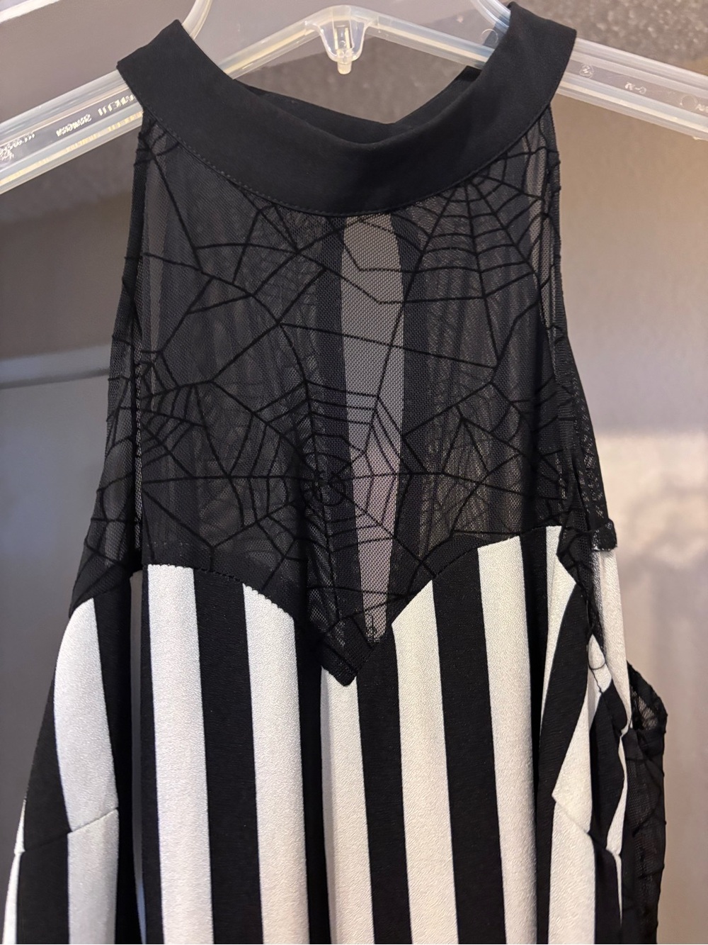 Black & White Striped Maxi Dress with Sheer Spiderweb Yoke